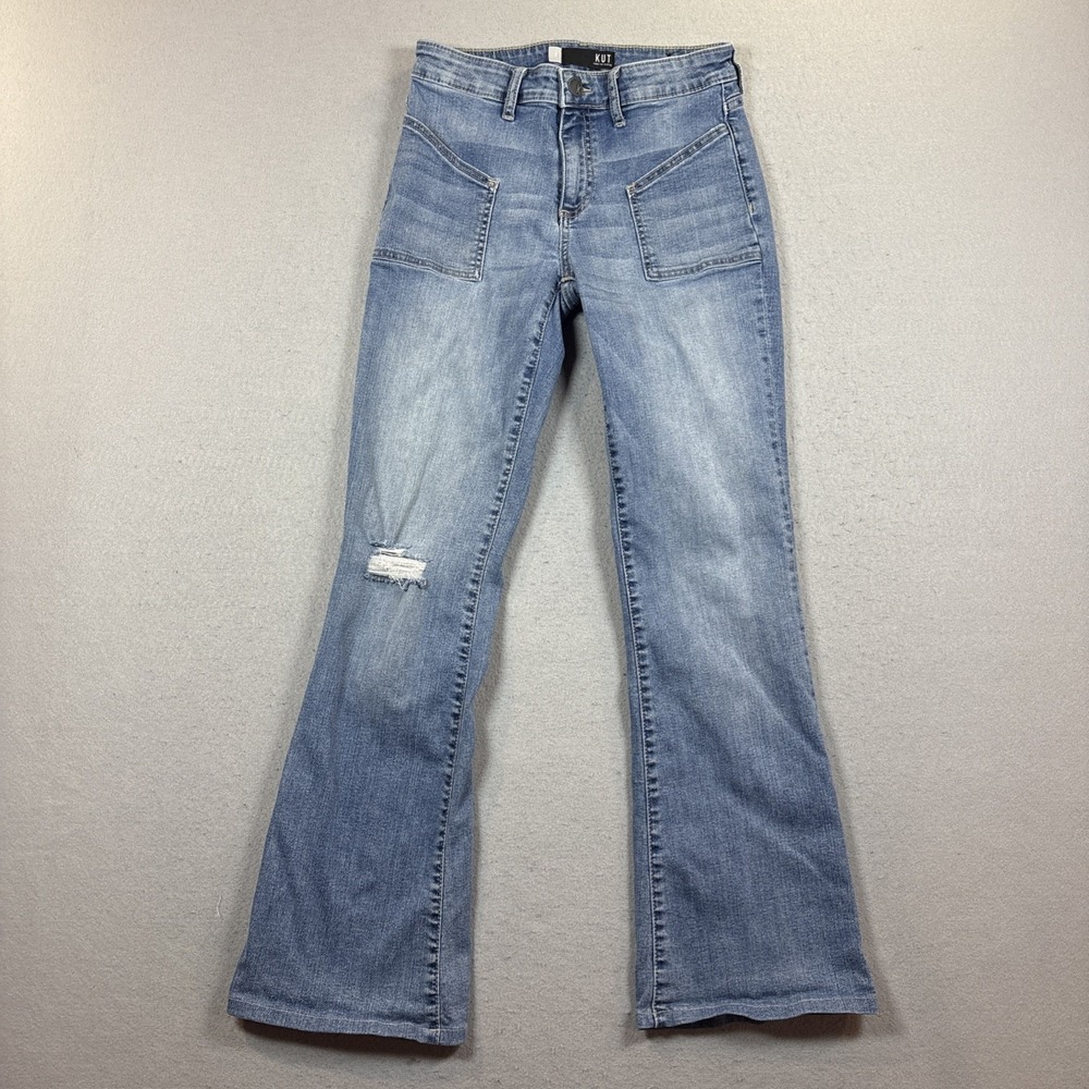 KUT from the Kloth Jeans Womens 2 Light Wash Ana Flare‎ Patch Pockets Distressed